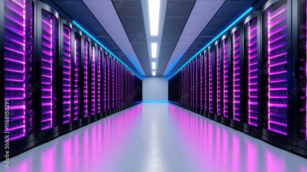 Poster futuristic data center with illuminated server racks.