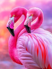 Naklejka premium Two Flamingos Standing Close Together in Pink Hues
