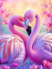 Two Flamingos Standing Close Together in a Colorful Scene