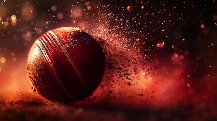 Close-up of a red cricket ball in motion, dust and sparks flying around it on dark background.