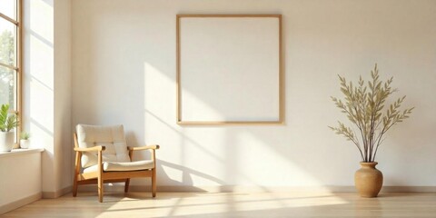 A minimalist living room with a wooden chair and a framed artwork on the wall, with warm natural lighting casting shadows on the wall