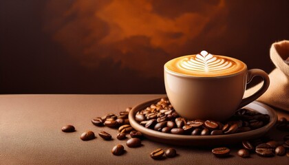 Obraz premium Close up of cappuccino coffee with coffee beans on a brown textured background. Cup of coffee with beans