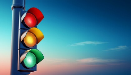 Traffic light on blue background with copy space. Close up glowing traffic signal. Traffic light on the sky