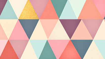 A geometric pattern of triangles in pastel shades with golden accents