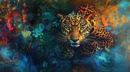A colorful painting of a jaguar with flowers in the background