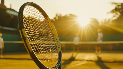 Close-up of tennis racket with blurred players at sunset.
