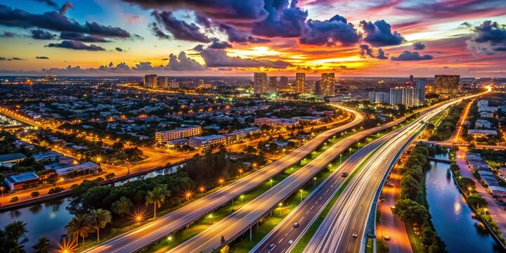 Aerial Twilight Highway 595 Fort Lauderdale Florida - Night Photography Stock Photo