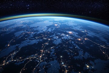 Earth from space showing glowing city lights, atmospheric layers, and starlit sky. Blue tones dominate the background, symbolizing connectivity. Ai generative