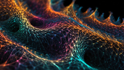 Close-Up of Glowing Sound Wave Fractals on Reflective Surface