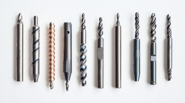 Collection Of Various Metal Drill Bits Arranged In A Row