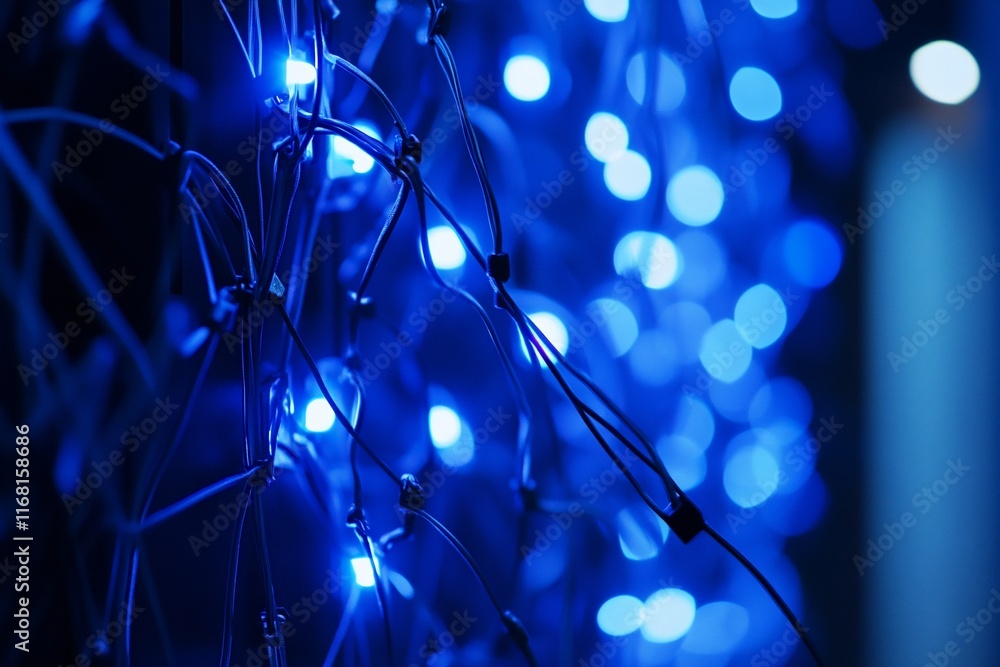 Poster close-up of blue led string lights, bokeh effect.