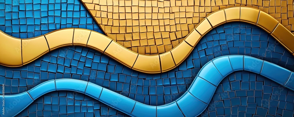 Poster mosaic abstract background idea. abstract mosaic pattern featuring flowing waves in blue and gold co