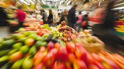 Dynamic Chaos in the Marketplace: A Blurry Background Highlights the Urgency Amidst Overturned Stalls and Scattered Produce