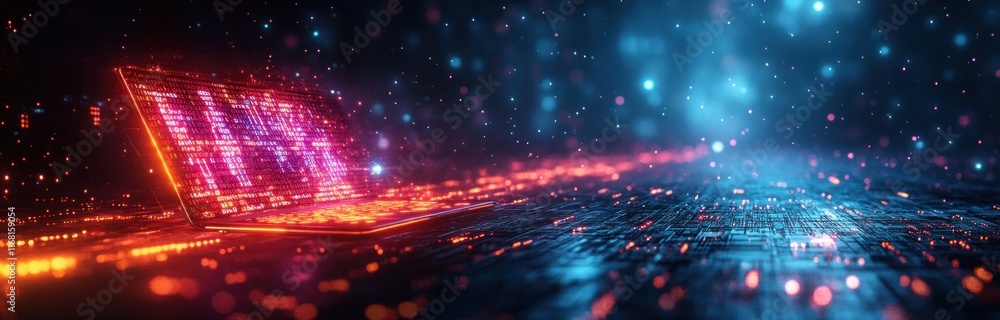Poster futuristic digital landscape with glowing laptop and data streams in cyberpunk style