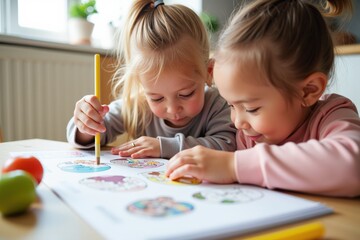 Adorable Toddlers Engaged in Creative Play with Coloring Book at Home, Perfect for Children's Book Illustrations, Educational Materials, and Family Activity Inspiration