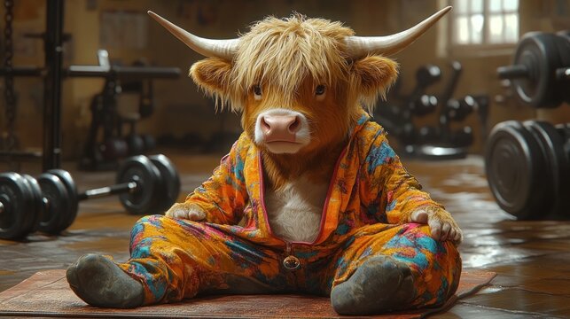 Playful highland cow in colorful workout attire sitting on gym mat
