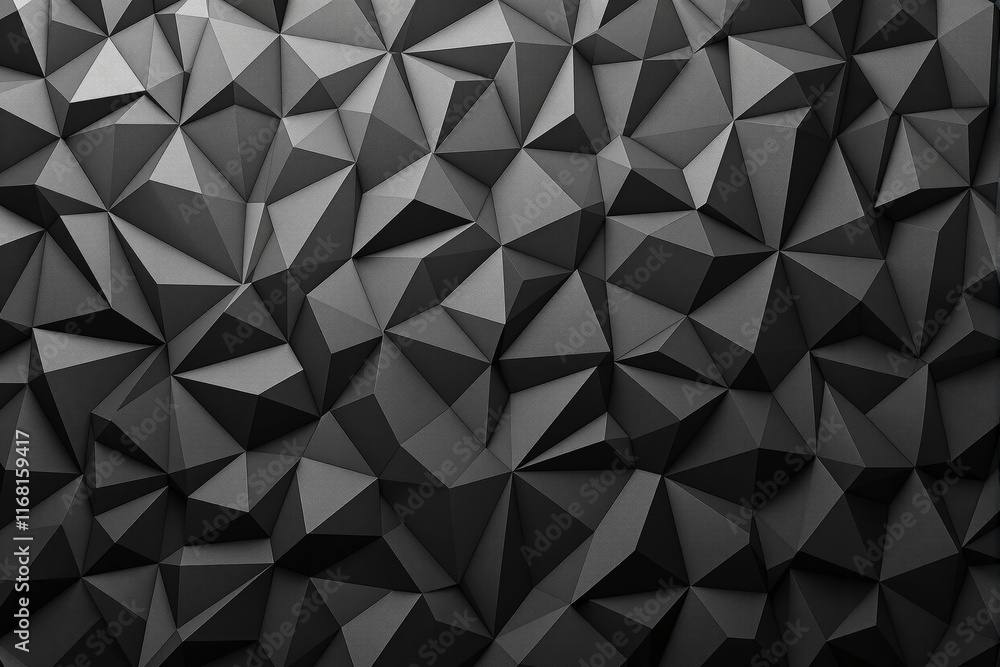 Poster abstract low-poly pattern with geometric triangular shapes, in grayscale tones, forming a textured 3