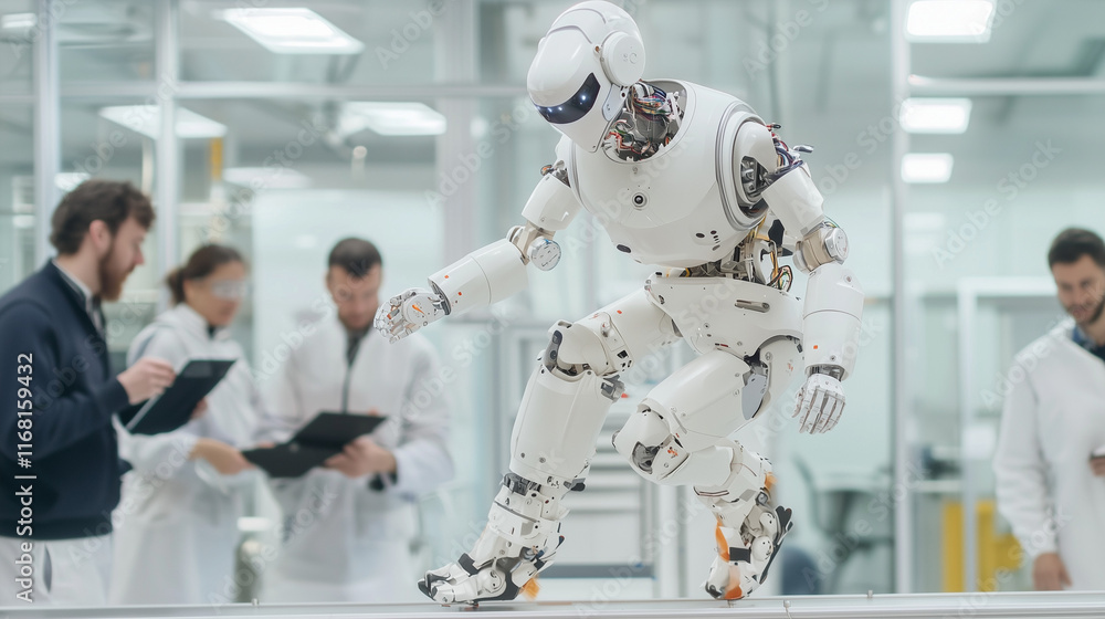 Poster the future in motion: a humanoid robot takes its first steps, watched intently by a team of engineer