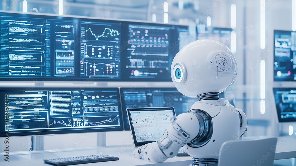 Poster ai at the helm: a humanoid robot, the embodiment of artificial intelligence, analyzes data on multip