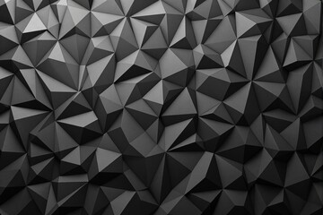 Obraz premium Abstract low-poly pattern with geometric triangular shapes, in grayscale tones, forming a textured 3D design on a dark background. Concept of modern minimalism. Ai generative