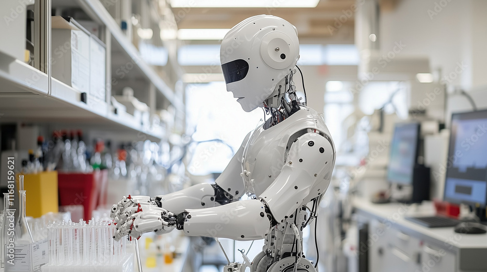 Poster the future of research: a humanoid robot stands in a laboratory setting, meticulously working with t