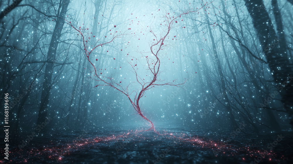 Poster enchanted forest path: mystical glowing tree in a fog-laden forest. an ethereal scene with a path le