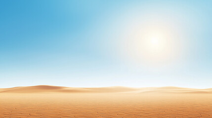 Fototapeta premium Vast Desert Landscape: A panoramic view of a sun-drenched desert, stretching towards the horizon under a vibrant blue sky. The golden sand dunes create a sense of vastness and solitude.