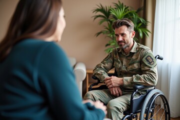 Fototapeta premium Empathetic Conversation Between Military Veteran in Wheelchair and Counselor in Calming Indoor Setting, Ideal for Mental Health Awareness Campaigns and Supportive Causes