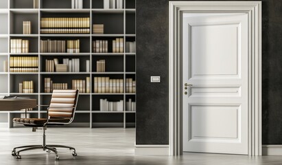 Modern office interior with bookshelves, desk, chair, and white door.