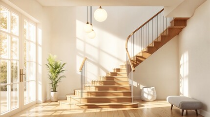 Fototapeta premium Modern Home Interior with Sunlit Staircase and Elegant Pendant Lights - 1