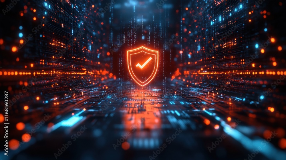 Poster cybersecurity in digital landscape with glowing shield symbolizing security and network connections 