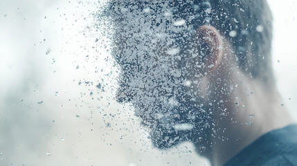 Fototapeta premium Disintegrating Reality: A man's face dissolves into a shower of rain, evoking a sense of overwhelming emotion and the fragility of the human condition. 