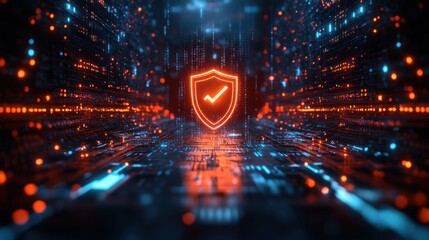 Cybersecurity in Digital Landscape with Glowing Shield Symbolizing Security and Network Connections in Cyberpunk Style