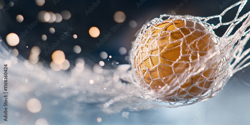 Poster golden ball in net with splashing water and bokeh.
