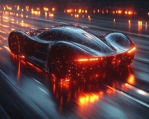 Futuristic sports car speeding on wet highway at night.