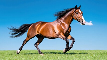 Obraz premium A brown horse galloping across a green field under a clear blue sky.