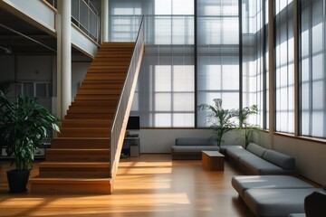 Obraz premium Modern office interior with wooden staircase, large windows, and comfortable seating area. (1)