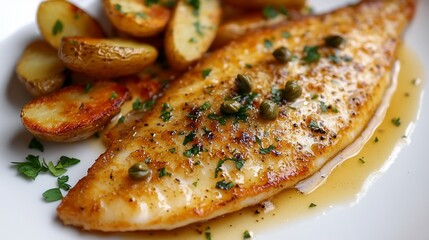 Pan-seared fish fillet with lemon butter sauce and roasted potatoes.