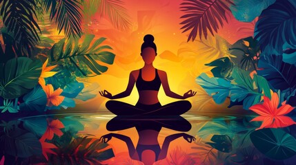 Yoga, meditation, stretching and Pilates. Vector cute illustration of woman in lotus position exercising in studio with tropical plants for banner, background, poster or flyer