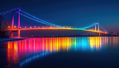 Fototapeta premium Vibrant Colorful Illuminated Bridge Reflecting on Dark Waters at Night