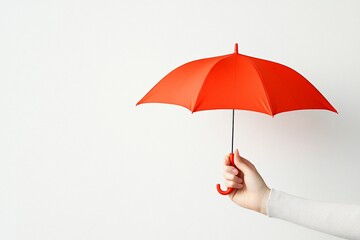 Red umbrella held in a hand against a white background.