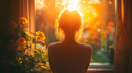 Woman Silhouetted Against Sunset Window Flowers