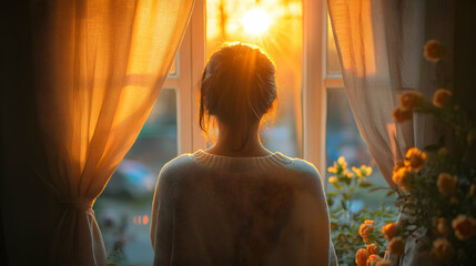 Woman Silhouetted Against Sunset Through Window