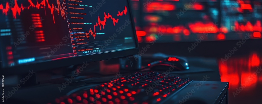 Aufkleber dark themed trader workstation with glowing red hacking alerts on screens