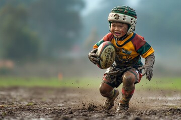 Muddy young rugby player running with ball. (1)