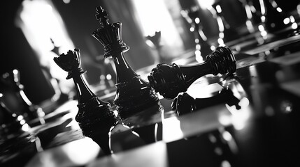 Close-up of fallen black king chess piece, strategy, competition concept.