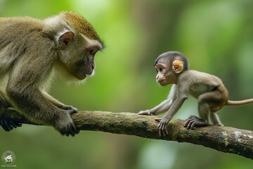 Obraz premium Mother monkey and baby monkey on a branch in a lush green forest.