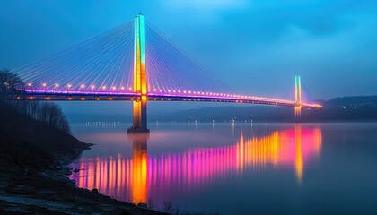 Fototapeta premium Illuminated Cable-Stayed Bridge at Night Reflecting on Dark Water