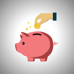 vector illustration of piggy bank and hand inserting coins for investment