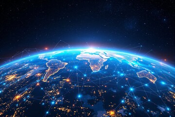 Glowing Earth seen from space with interconnected blue lines and illuminated city lights, set against a starry background. Concept of global connectivity. Ai generative.